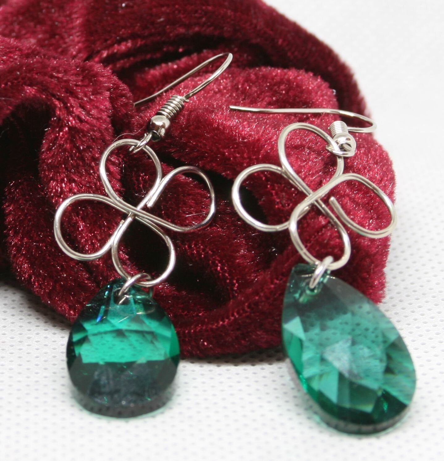 Lucky Celtic Knot with Emerald Green Glass Teardrop Bead Earrings