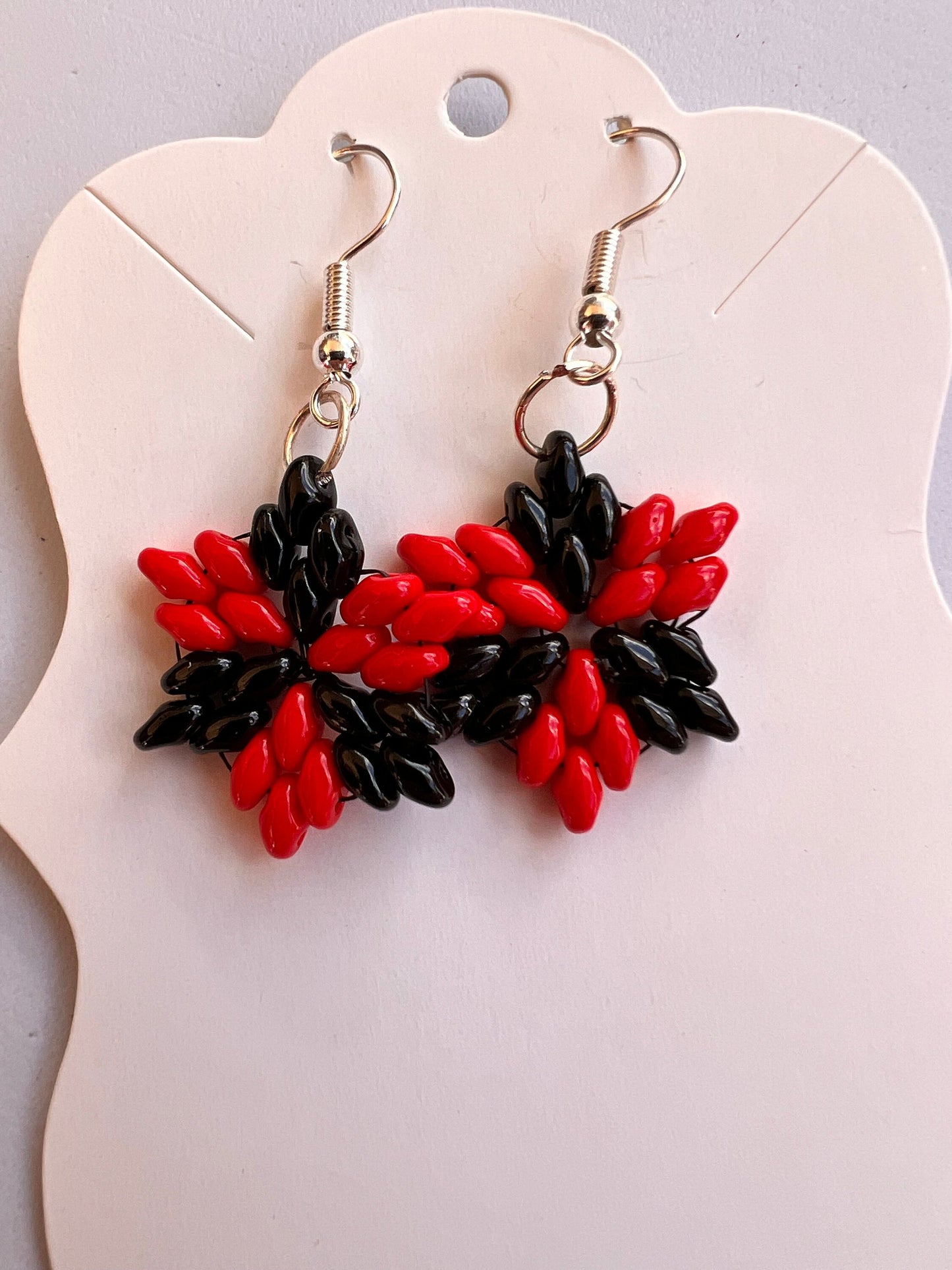 Handcrafted Star Earrings with Red and Black Glass Beads