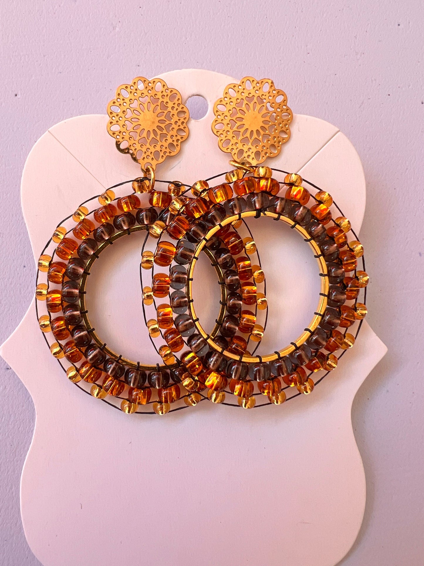 Vibrant Amber Glass Bead Circle Earrings