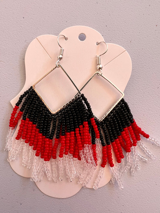 Handmade Festive Fringe Earrings with Black, Red, and White Glass Seed Beads