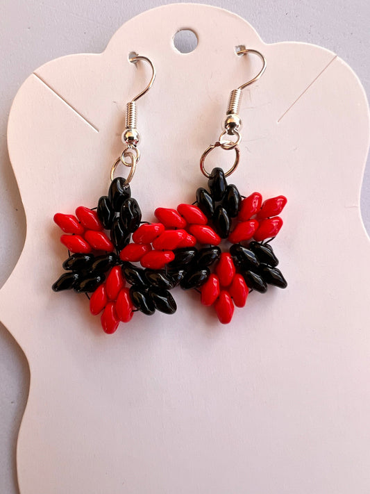 Handcrafted Star Earrings with Red and Black Glass Beads
