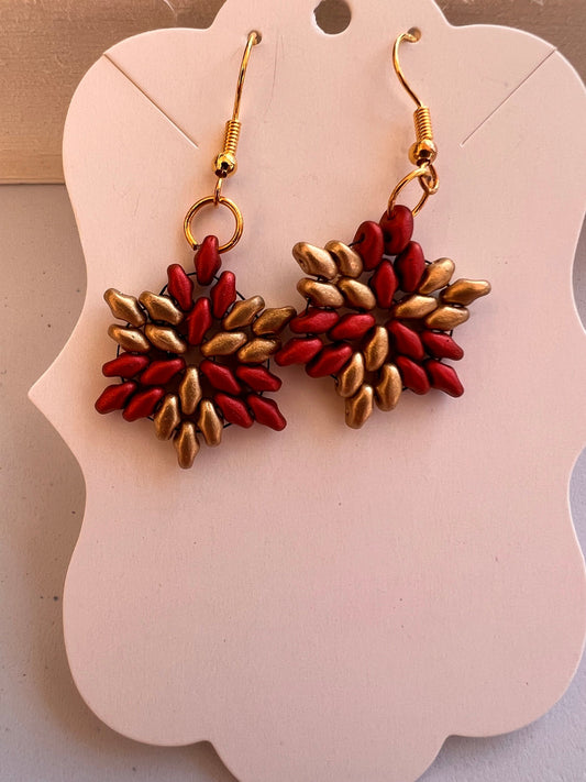 Handcrafted Star Earrings with Red and Gold Glass Beads