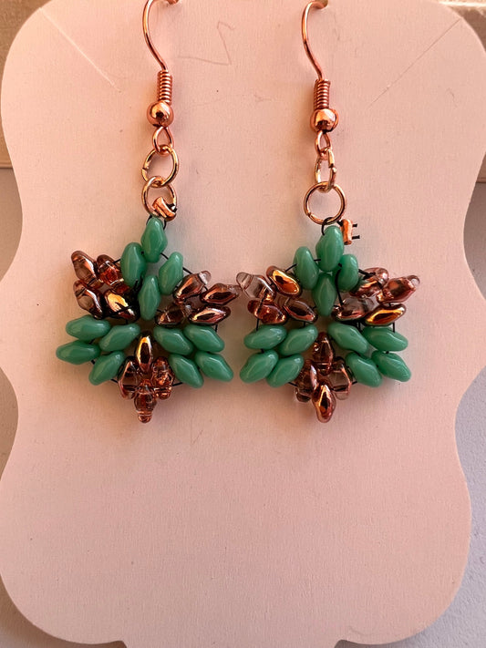 Handcrafted Star Earrings with Emerald and Gold Glass Beads