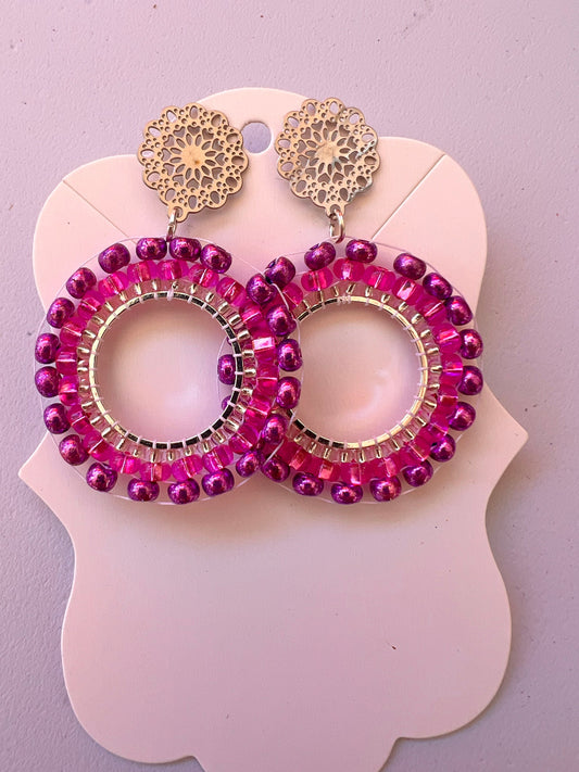 Vibrant Purple Pink Glass Bead Circle Earrings