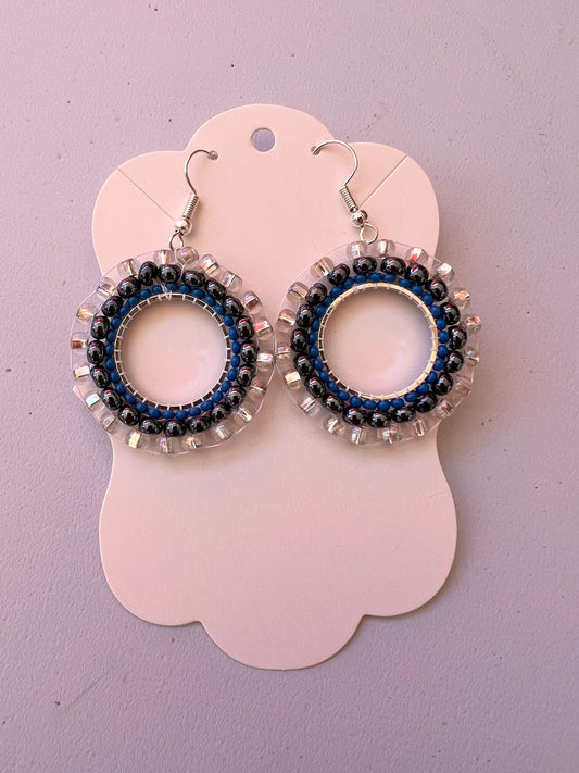 Vibrant White Black Blue Glass Bead Circle Earrings