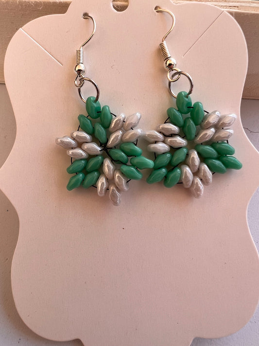 Handcrafted Star Earrings with Emerald and Silver Glass Beads